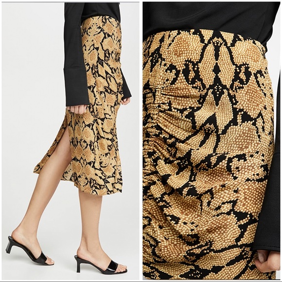 BA&SH Carry Snake skin print midi ruched skirt Ochre - Picture 4 of 15